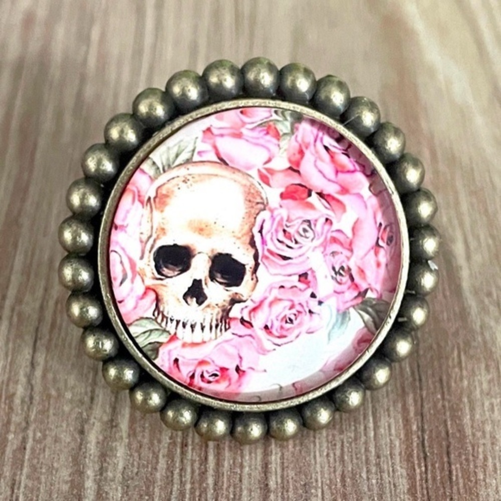 Skull and Flowers Victorian Style Adjustable Ring, Handmade, NWT